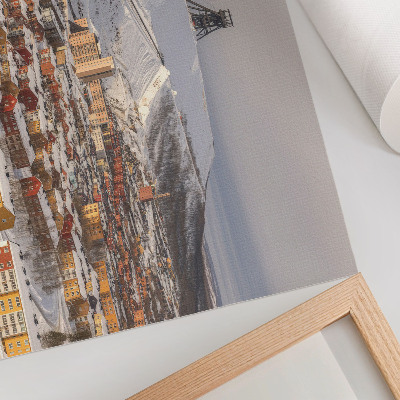 Poster Zimné mestečko s farebnými budovami kontrastujúcimi so snehom