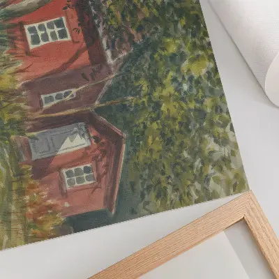 Plagát do izby drevený dom v obklopení stromov a bohatej zelene v idylickom štýle