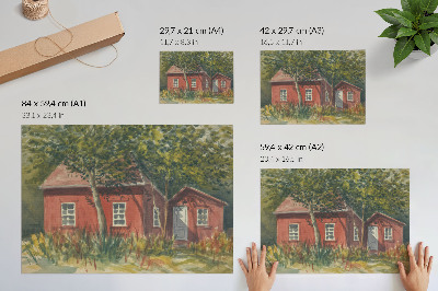 Plagát do izby Drevený dom, stromy, bohatá zeleň, idylika
