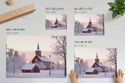 Retro plagát červená kaplnka v zime so zasneženými stromami a pastelovou oblohou