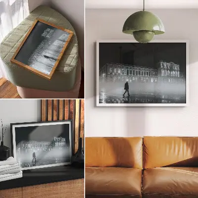 Retro plagát nočné mesto v hmle s monumentálnou budovou