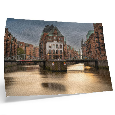 Plagát do izby Atmosférická architektúra, most, večer, pokojná voda