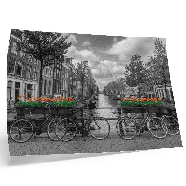 Poster Očarujúci výhľad na kanál, bicykle, tulipány, čiernu a oranžovú