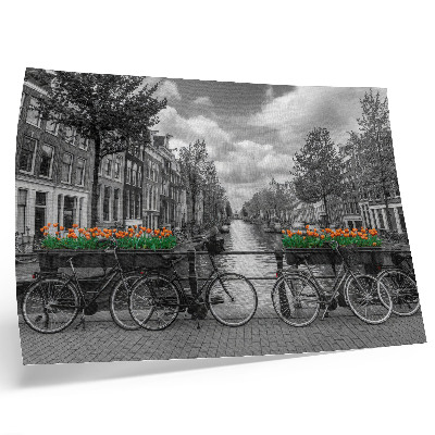 Poster Očarujúci výhľad na kanál, bicykle, tulipány, čiernu a oranžovú