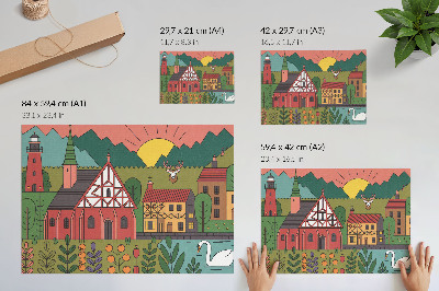 Poster Farebné domy hory jeleň labuť zelená krajina