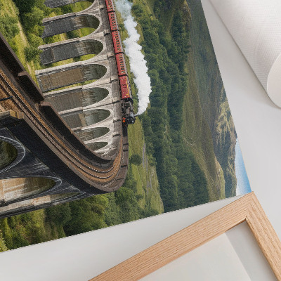 Retro plagát Viadukt s vlakom medzi zelenými kopcami