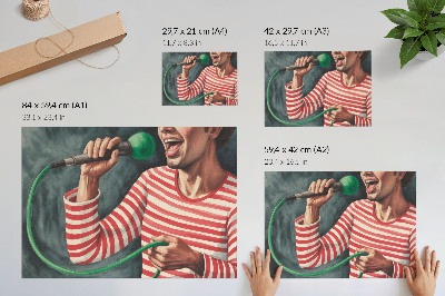 Retro plagát Červené pruhované tričko so zeleným mikrofónom