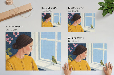 Plagát do izby Žena v žltom tričku s vtákom na parapete