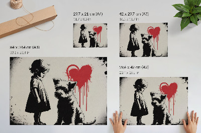 Poster Monochromatické dievča, pes, srdce