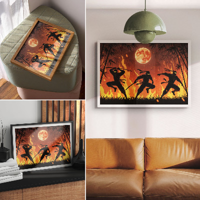 Retro plagát Energická nočná scéna s nindžami a plameňmi