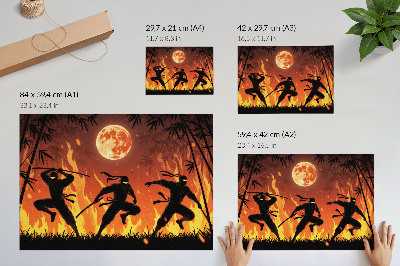 Retro plagát Energická nočná scéna s nindžami a plameňmi
