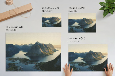 Poster Fjordy, hory, voda, západ slnka, harmónia prírody