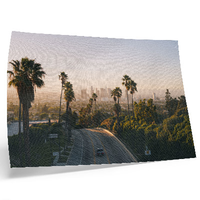 Retro plagát Palmy a panoráma mesta na slnku