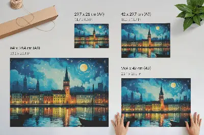 Plagát do izby odrazy nočného mesta s efektom vodnej lampy a žiarou