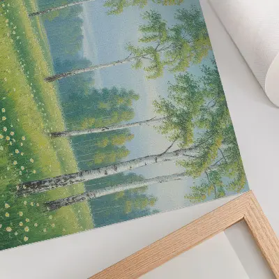 Plagát do izby majestátne brezy so zelenými lúčnymi kvetmi