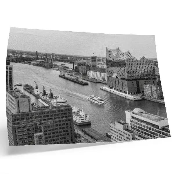 Retro plagát moderná mestská rieka s ikonickou architektúrou