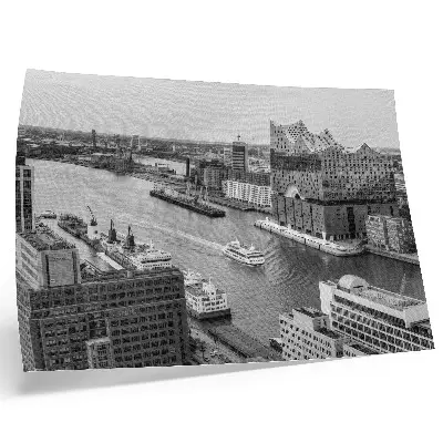 Retro plagát moderná mestská rieka s ikonickou architektúrou