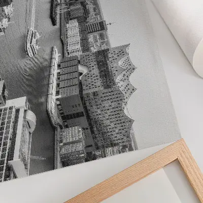 Retro plagát moderná mestská rieka s ikonickou architektúrou