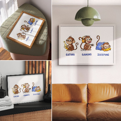 Poster Zábavné ilustrácie opice, ktorá je, hrá sa a spí