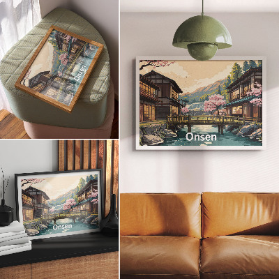 Retro plagát krajina s japonskou architektúrou a čerešňami