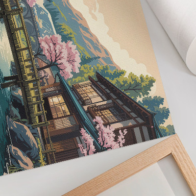 Retro plagát krajina s japonskou architektúrou a čerešňami