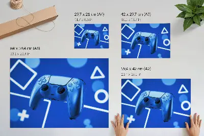 Retro plagát herný ovládač s modrým geometrickým pozadím