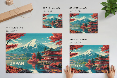 Retro plagát Japonská scenéria horského jazera plná farieb