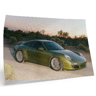 Retro plagát Športové auto zelený púštny západ slnka