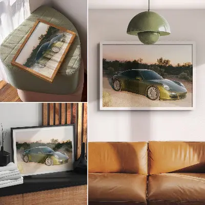 Retro plagát športové auto so zeleným západom slnka na púšti