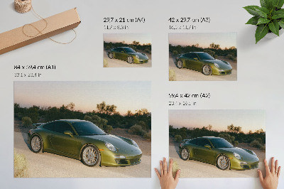 Retro plagát Športové auto zelený púštny západ slnka