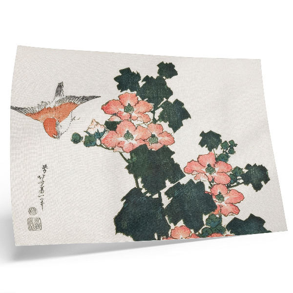 Poster Červené ruže a vták od Katsushiki Hokusai (1760–1849), stará japonská drevotlač