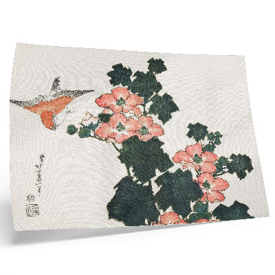 Poster Červené ruže a vták od Katsushiki Hokusai (1760–1849), stará japonská drevotlač