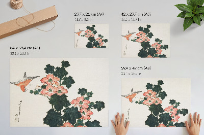 Poster Červené ruže a vták od Katsushiki Hokusai (1760–1849), stará japonská drevotlač