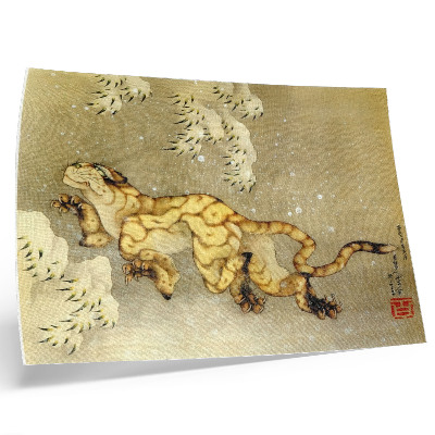 Retro plagát Kacušika Hokusai (1760–1849), Tiger v snehu. Závesný zvitok, atrament a farba na hodvábe, 1849