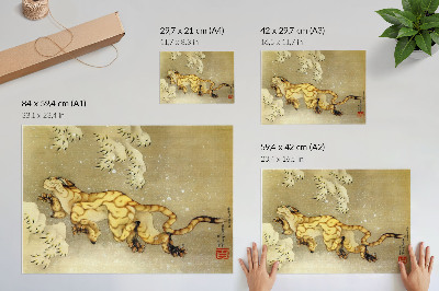 Retro plagát Kacušika Hokusai (1760–1849), Tiger v snehu. Závesný zvitok, atrament a farba na hodvábe, 1849