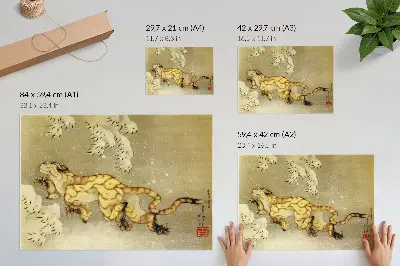 Retro plagát Tiger v snehu od Kacušiku Hokusaja závesný zvitok s atramentovou maľbou na hodvábe z roku 1849