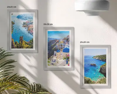 Sada obrazov do obývačky s výhľadom na grécke pobrežie a mesto Santorini Oia