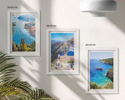 Sada obrazov do obývačky s výhľadom na grécke pobrežie a mesto Santorini Oia