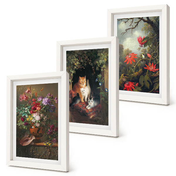 Triptych v ráme Vintage kvety, mačky a rastliny v prírode