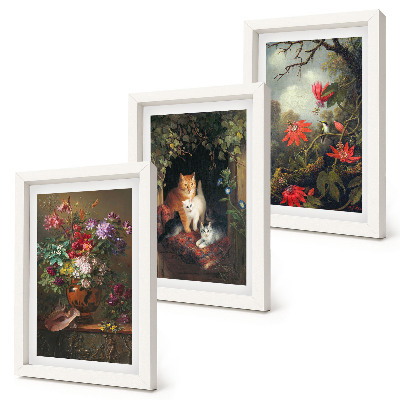 Triptych v ráme Vintage kvety, mačky a rastliny v prírode