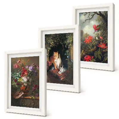 Triptych v ráme vintage kvety s motívmi mačiek a rastlín v prírode