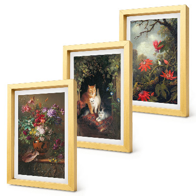 Triptych v ráme Vintage kvety, mačky a rastliny v prírode