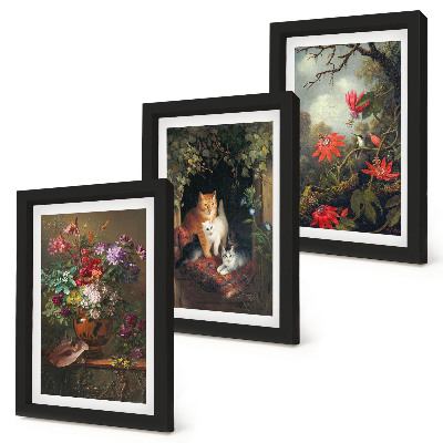 Triptych v ráme Vintage kvety, mačky a rastliny v prírode