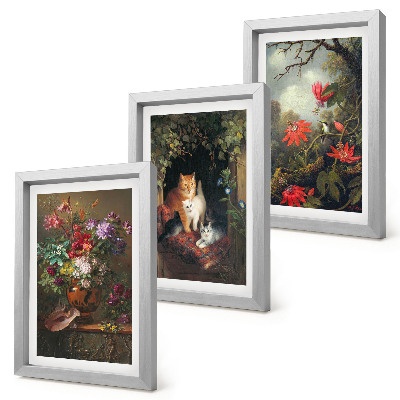 Triptych v ráme Vintage kvety, mačky a rastliny v prírode