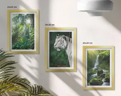 Džungľa s bielym tigrom a divokým vodopádom triptych v ráme