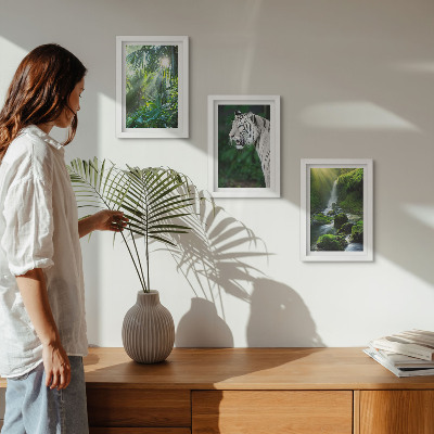 Triptych v ráme Džungľa s bielym tigrom a divokým vodopádom