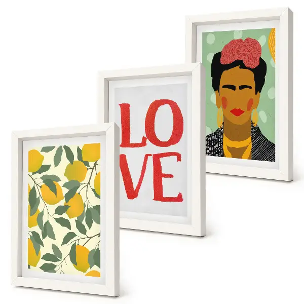 Triptych v ráme maľovaný portrét Fridy Kahlo s nápisom LOVE s motívom citrónov