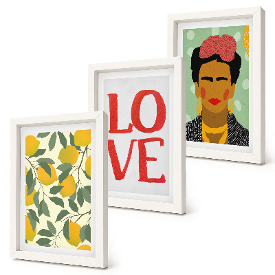 Triptych v ráme Citróny s nápisom LOVE, maľovaný portrét Fridy Kahlo