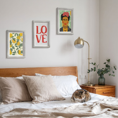 Triptych v ráme Citróny s nápisom LOVE, maľovaný portrét Fridy Kahlo