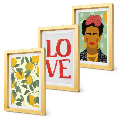 Triptych v ráme Citróny s nápisom LOVE, maľovaný portrét Fridy Kahlo